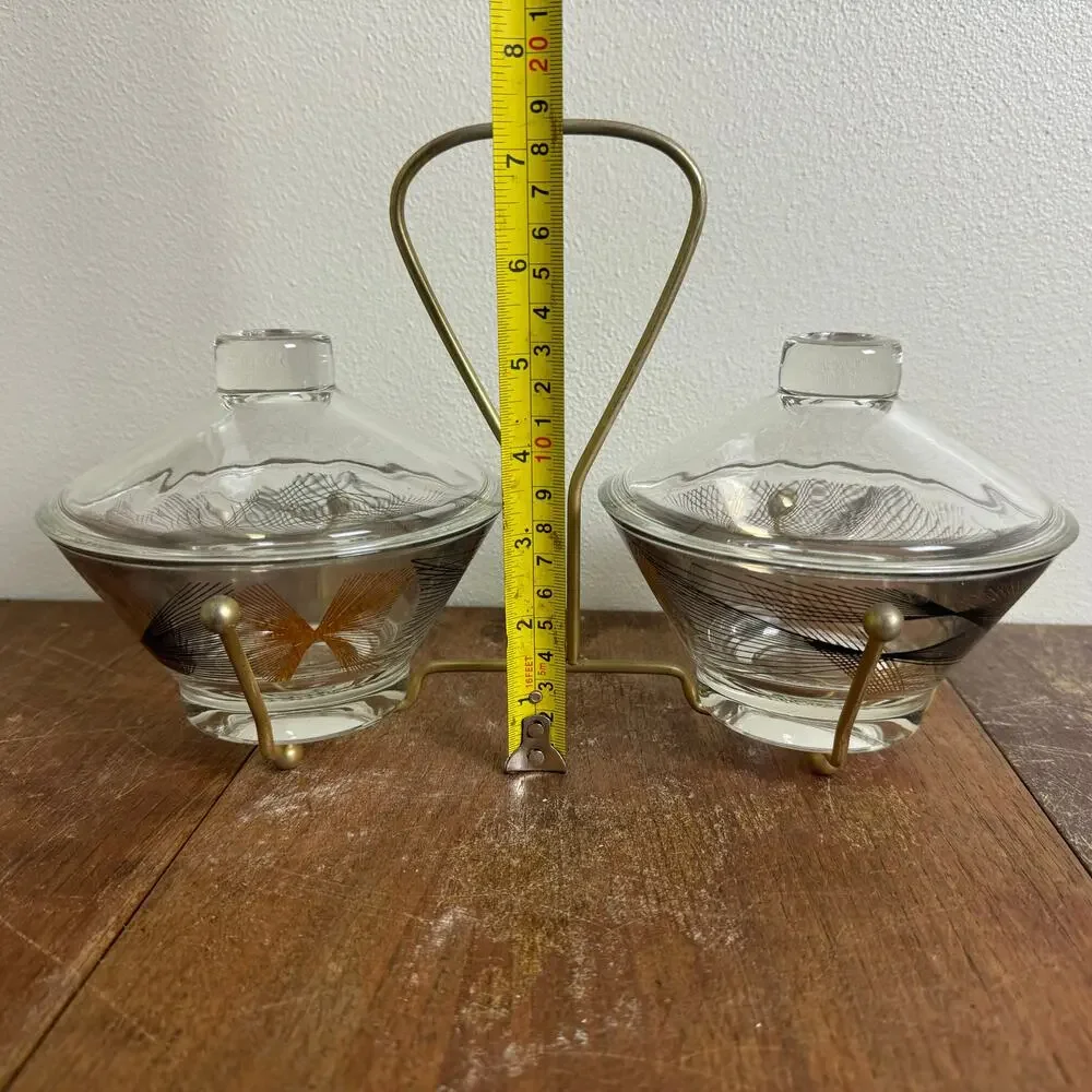 MCM Vintage Retro black gold design glass condiment dishes with‎ metal holder